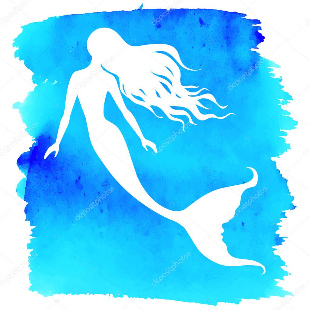 Mermaid  silhouette, hand drawn vector  illustration isolated on blue watercolor spot, logo, t-shirt design.