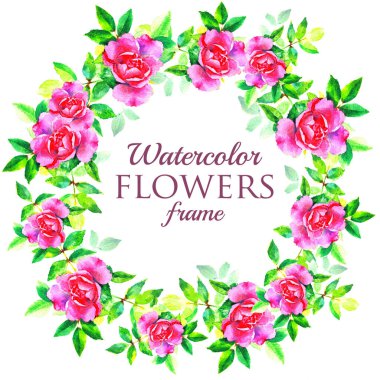 Beyaz zemin üzerinde suluboya el boyası pembe gül çiçeği çelengi, tasarım elementi, tebrik kartı, davetiye, dekupaj.