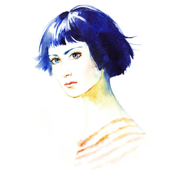 Красивая Молодая Женщина Короткими Волосами Модная Иллюстрация Акварель — стоковое фото