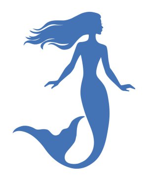 Deniz kızı silueti, el çizimi vektör çizimi beyaz, logo, t-shirt tasarımı.