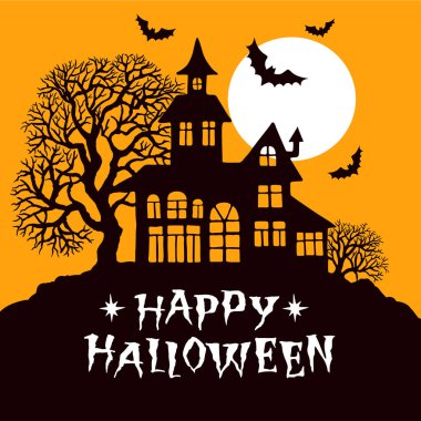 Mutlu Cadılar Bayramı tebrik kartları, tasarım için vektör çizimleri, davetiye, bsnner, baskı. Cadılar Bayramı evinin silueti, dolunay, ağaçlar ve yarasalar.