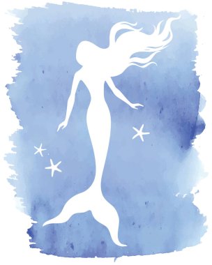 Deniz kızı silueti, el çizimi vektör çizimi mavi suluboya nokta, logo, tişört tasarımı.