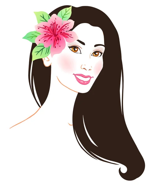 Retrato Una Chica Asiática Hawaiana Vector Dibujado Mano Ilustración Color — Archivo Imágenes Vectoriales