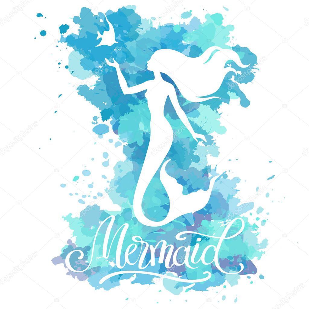 Mermaid, vector silhouette illustration on  watercolor spots background.