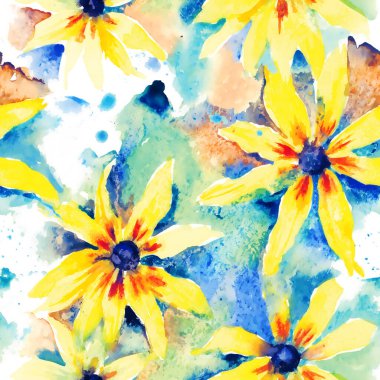 Rudbeckia. Çiçekli suluboya arka plan, tekstil, duvar kağıdı, ambalaj kağıdı için pürüzsüz desen.