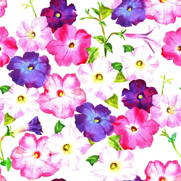 Petunia pink and lilac flowers, watercolor raster seamless pattern for textile, wrapping paper, greeting card.