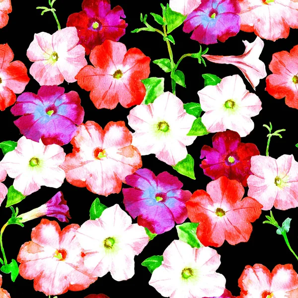 Petunia pink and lilac flowers, watercolor raster seamless pattern for textile, wrapping paper, greeting card.