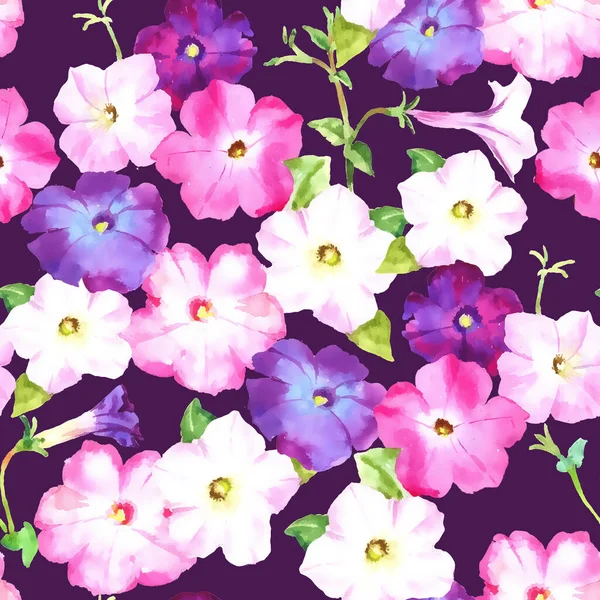 Petunia Pink Lilac Flowers Watercolor Raster Seamless Pattern Textile Wrapping — Stock Photo, Image