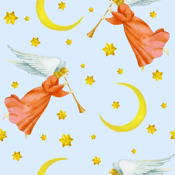 Ręczna Farba Akwarela Trąbka Latające Anioły Gwiazdami Księżycem Płynny Wzór — Zdjęcie stockowe