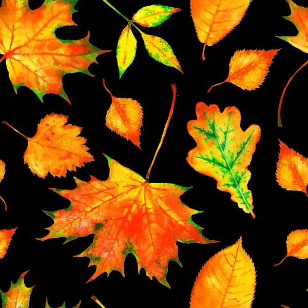 Seamless pattern with hand painted watercolor red and yellow autumn leaves: oak tree; ash-tree, maple, birch. Autumn background for textile, print, wallpaper, scrapbooking.