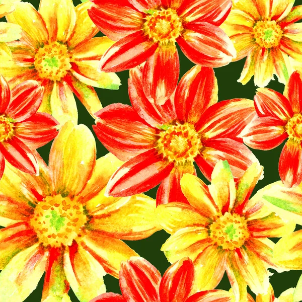 Dahlia Röd Och Gul Akvarell Handfärg Blommor Natur Sömlös Mönster — Stockfoto