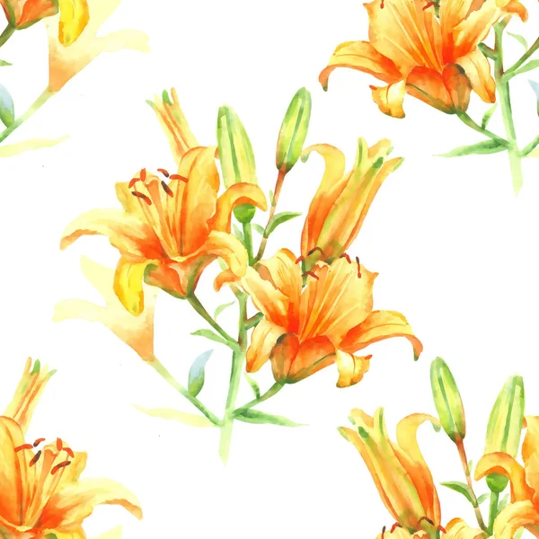 オレンジユリ 手塗り水彩シームレスパターン — ストック写真