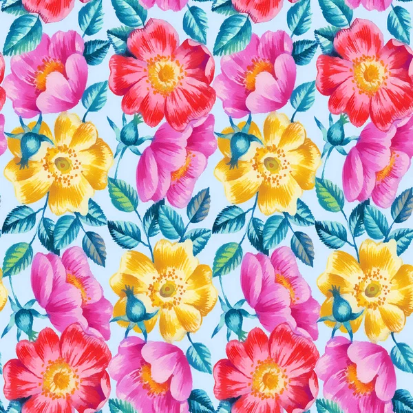 Watercolor Hand Paint Dog Rose Flowers Seamless Pattern — Stock Photo, Image