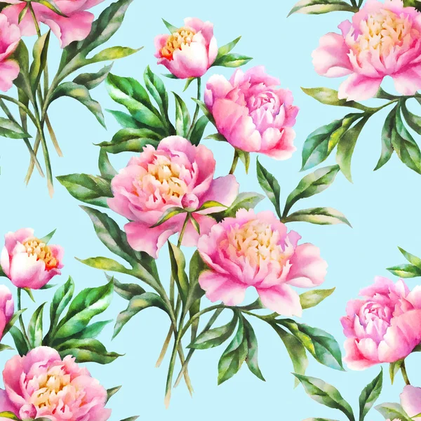 Aquarell Handfarbe Rosa Pfingstrosen Und Blätter Nahtloses Muster — Stockfoto