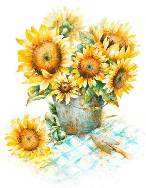 Watercolor sunflowers bouquet, hand paint illustration on a white background.