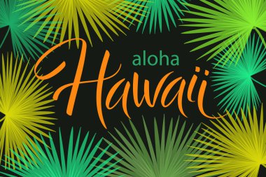 Aloha Hawaii, avuç içi yaprakları çerçeveli el yazısı vektör harfleri, tipografik poster, tişört, baskı, afiş şablonu.