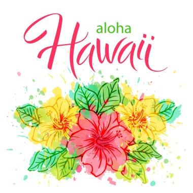 Aloha Hawaii, üzerinde egzotik çiçek buketi, tipografik poster, tişört şablonu, baskısı, afişi olan el yazısı bir vektör..