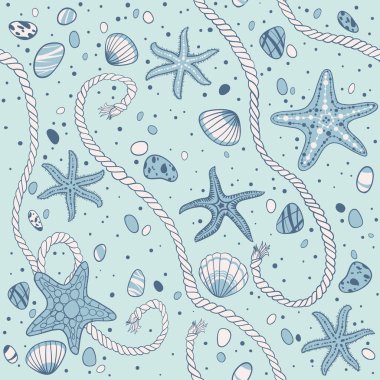 El yapımı seastarlar, ip, seastones ve deniz kabukları, vektör deniz dikişsiz desen.