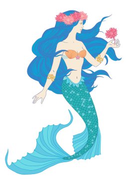 Beyaz arka planda izole edilmiş bir çiçek tutan el çizimi denizkızı, keten vektör çizimi.