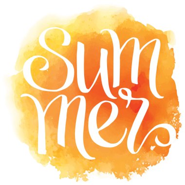 Yaz, suluboya turuncu benekli arka planda el yazısı vektör harfleri.