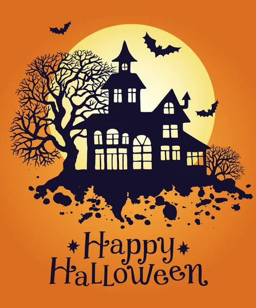 Feliz Tarjeta Felicitación Halloween Con Casa Árbol Luna Llena Murciélagos — Vector de stock