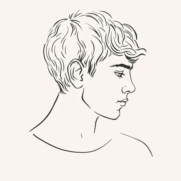 Profil Des Jungen Mannes Mit Kurzen Lockigen Haaren Handgezeichnete Umrisse — Stockvektor