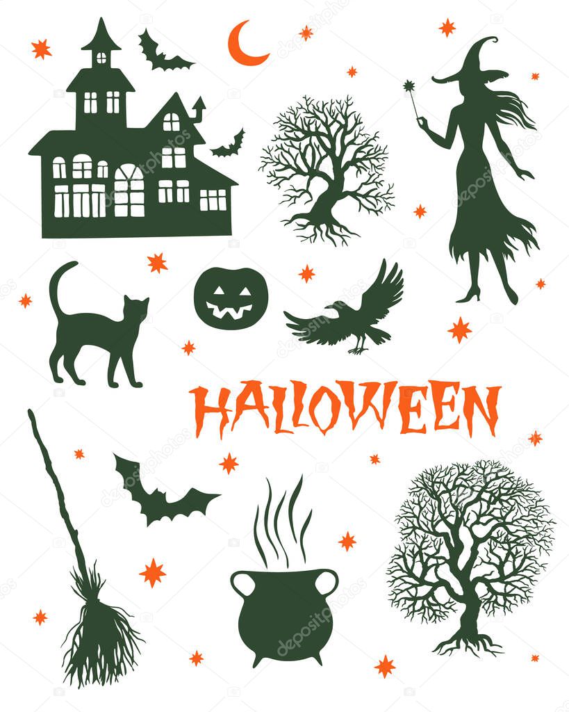 Set of halloween elements, silhouette vector illustration for design, greeting card, invitation, banner.