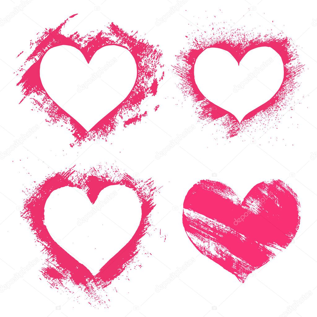 Set of hand paint vector pink hearts in grunge style, isolated on white. Silhouettes for Valentine`s day, love, romantic theme, t-shurt design and print.
