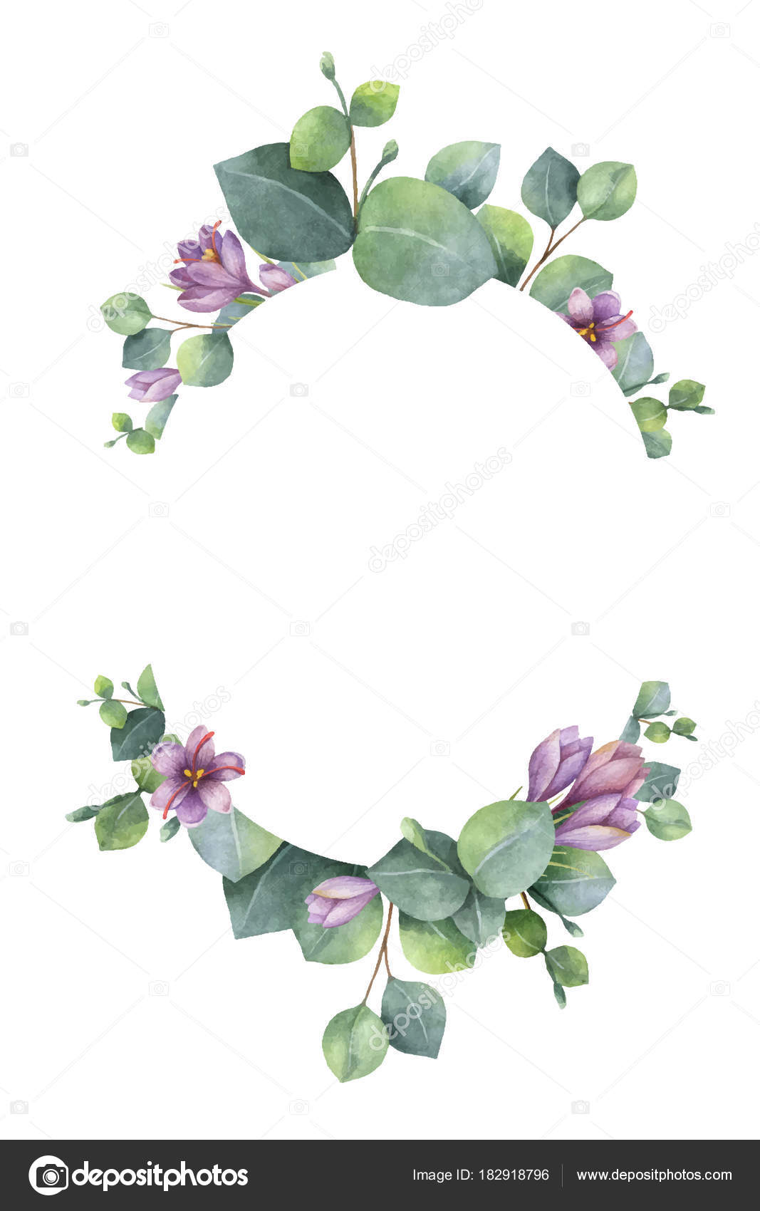 Download Watercolor vector wreath with green eucalyptus leaves, purple flowers and branches. ⬇ Vector ...