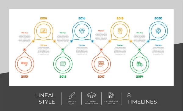 Tidslinje Infographic Vektor Design Med Alternativ Linje Stil För Affärsändamål — Stock vektor