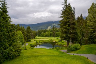 Çakıl yolu, çimenlik çimenlerin etrafını mükemmel şekilde çevreleyen yeşil çimenler ve küçük yansıtıcı bir göletle kaplar. Bu gri günde etrafındaki çam ormanında alçak bulutlar uçuşuyor..