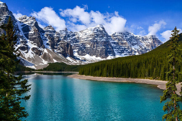 This pristine Moraine Lake overlooks the icy rocky mountains and pine forest. The light breeze gently ripples the turquoise water towards the rocky edge on this partially cloudy day.