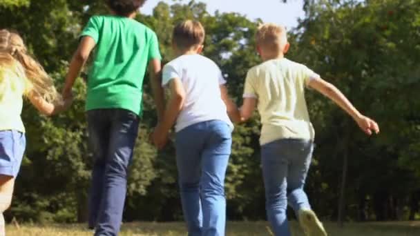 Dzieciaki trzymające się za ręce biegające razem po parku, letnie wakacje czas wolny — Wideo stockowe