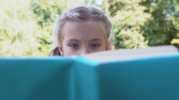 Concentrated schoolgirl reading fairytale book studying subject, knowledge — Stock Video