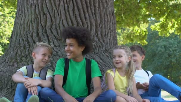 Alegre grupo de niños bromeando riendo juntos sentado parque bajo el árbol — Vídeo de stock