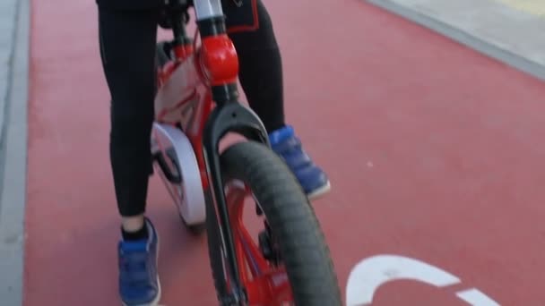 Adorable bicicleta infantil femenina en carril bici de asfalto, marcado de carreteras, seguridad — Vídeo de stock
