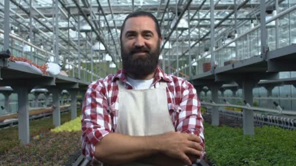 Exitoso granjero mirando a la cámara y haciendo el gesto de pulgar hacia arriba la calidad del producto — Vídeos de Stock