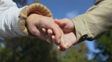 Yaşlı adam ve kadın el ele tutuşuyor, yaşlı çift romantik bir randevu, aşk yakınlığı