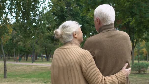Седовласый мужчина и женщина смотрят друг на друга с нежностью, задним видом — стоковое видео
