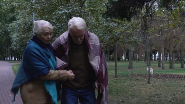 Vårdande fru hjälpa och stödja sin gamla man med promenadkäpp, familj — Stockvideo