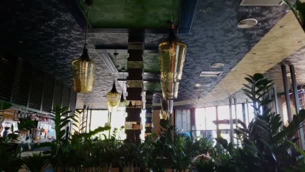 Moderne lampen en groene planten in restaurant, openbare ruimte, design interieur — Stockvideo