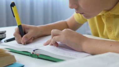 Okul ve eğitimden sonra özenli çocuk ödevlerini defter defterinde yazıyor.