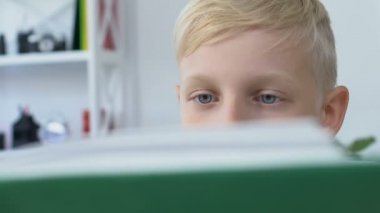 Güzel okul çocuğu kitap okuyor, evde ders çalışıyor, çocuk eğitimi alıyor.