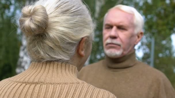 Mujer de pelo gris admirando a su cónyuge mayor tocando su cara con las manos — Vídeos de Stock