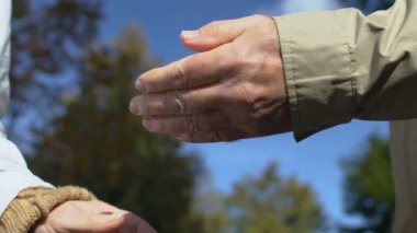 Üst düzey erkek, kadın elini açık havada tutuyor, yaşlı çift romantizmi, sevgi dolu