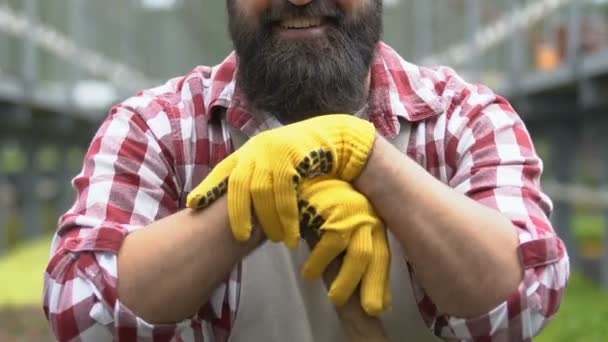 Alegre guantes de trabajador de invernadero pala inclinada, trabajador agrícola, cosecha — Vídeo de stock