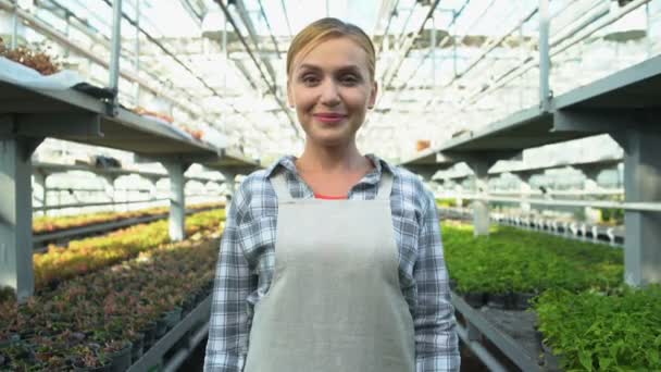Framgångsrik kvinnlig bonde korsar armarna på bröstet och ler i växthus — Stockvideo