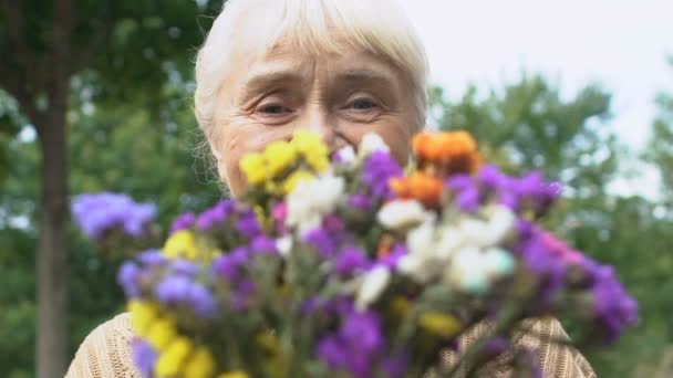 Senhora idosa alegre recebendo buquê de flores de campo na data, presente romântico, amor — Vídeo de Stock