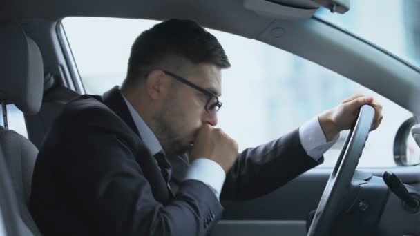 Male driver stopping his car because of cough attack, risk of pneumonia, asthma — Stock Video