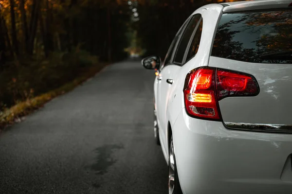 Side mirror turn signal (blinker). Turn indicator on the mirror (left) and white car on the road in autumn dark forest. Illuminated car standing on the edge of the way in forest - natural sunlight.